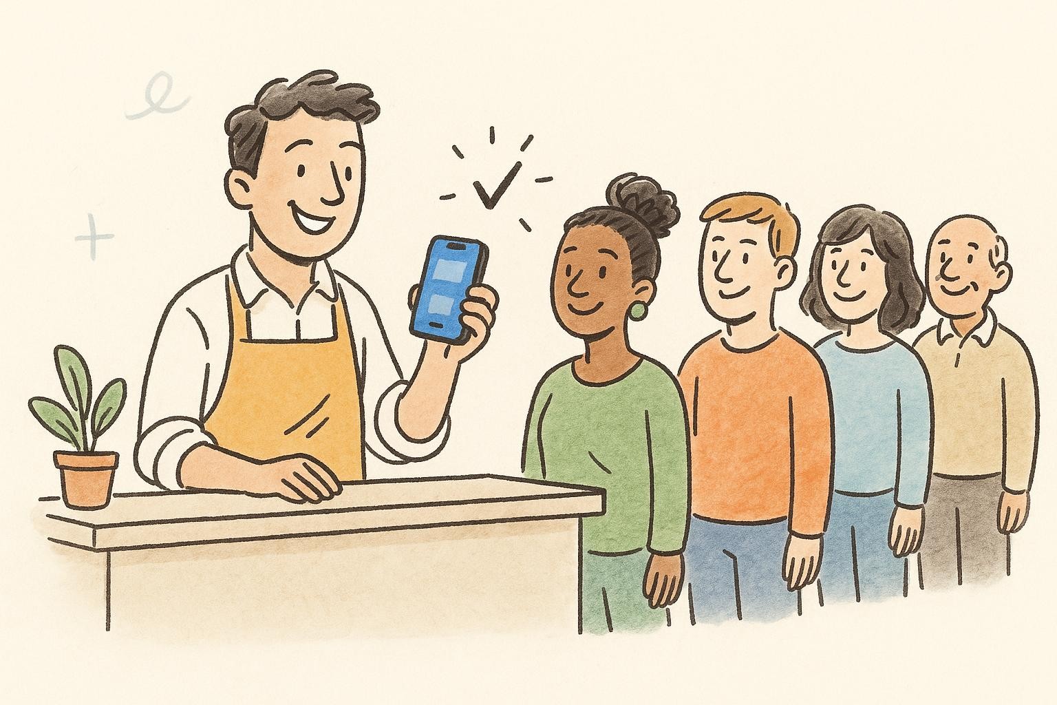 A business owner collecting signups from a line of interested customers
